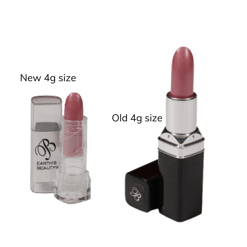 Two lipsticks, one labeled 'New 4g size' and the other 'Old 4g size', with Earth's Beauty branding.