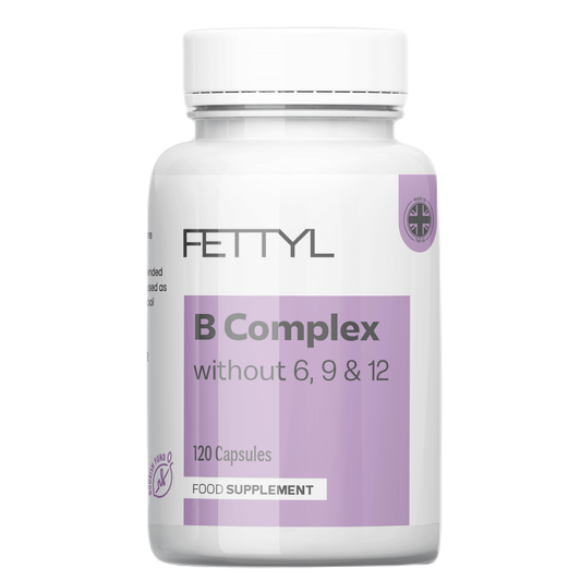 Fettyl B Complex without 6, 9 &12 supplement bottle on a white background