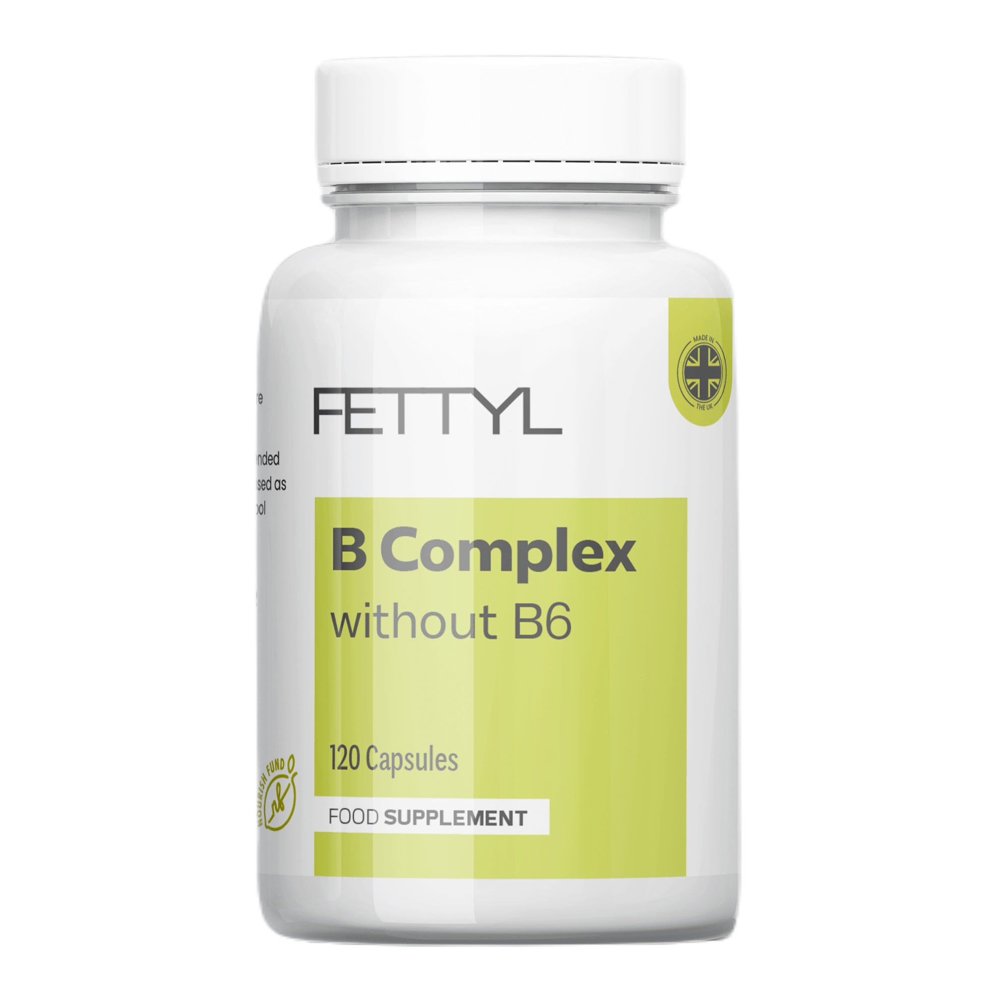 Fettyl B Complex without B6 supplement bottle on a white background