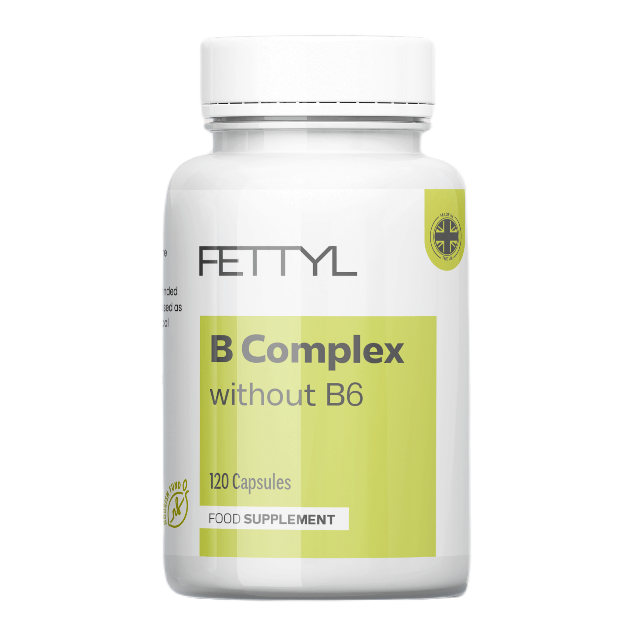 Fettyl B Complex without B6 supplement bottle on a white background