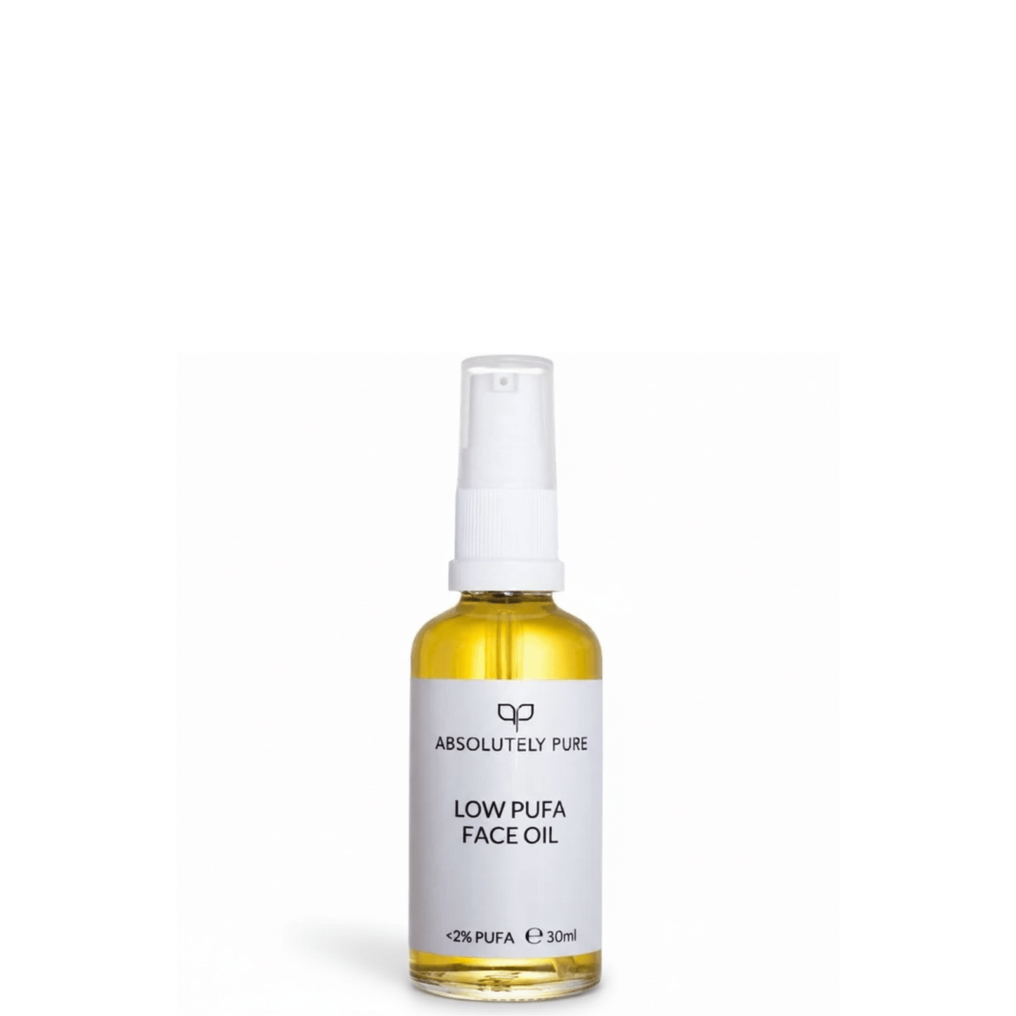 Absolutely Pure Low PUFA Face Oil in a 30ml glass bottle with white pump dispenser