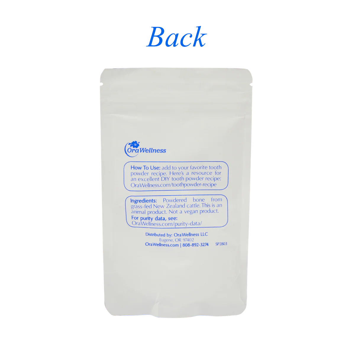 White pouch with blue text and OraWellness logo on a white background