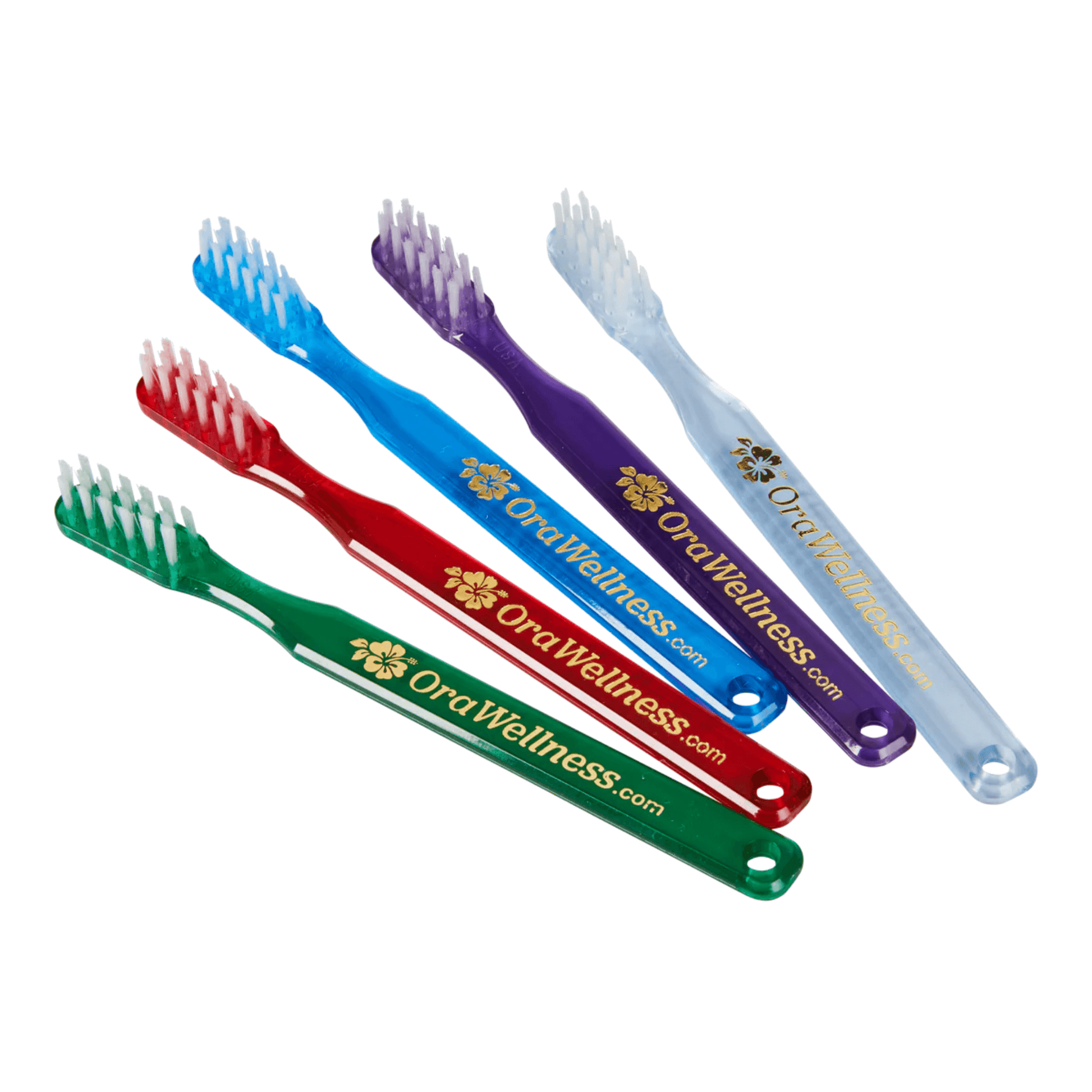 Colourful Bass toothbrushes with 'Ora Wellness' branding on a white background