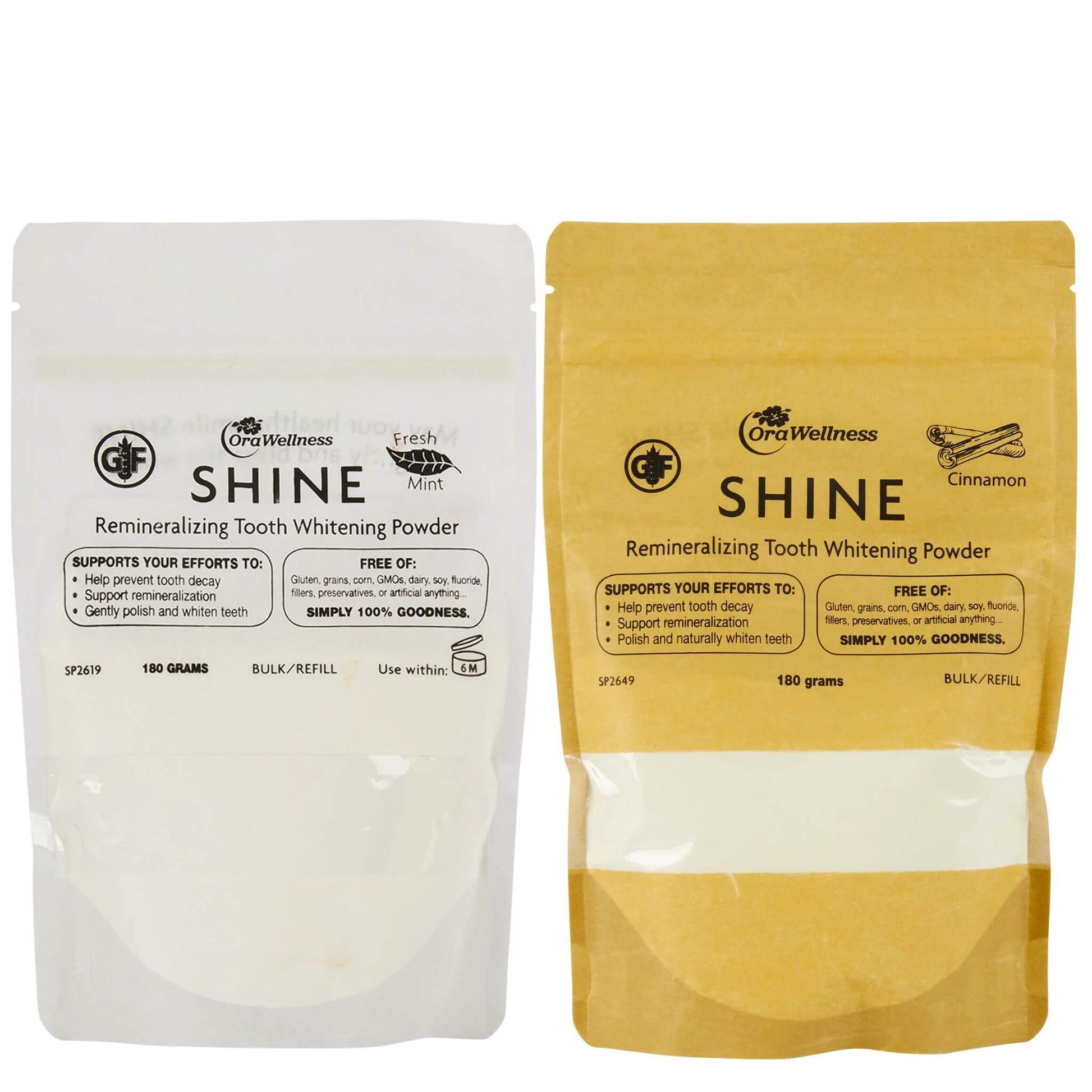 OraWellness bulk bags of mint and cinnamon Shine tooth powder in awhite bag and a yellow bag