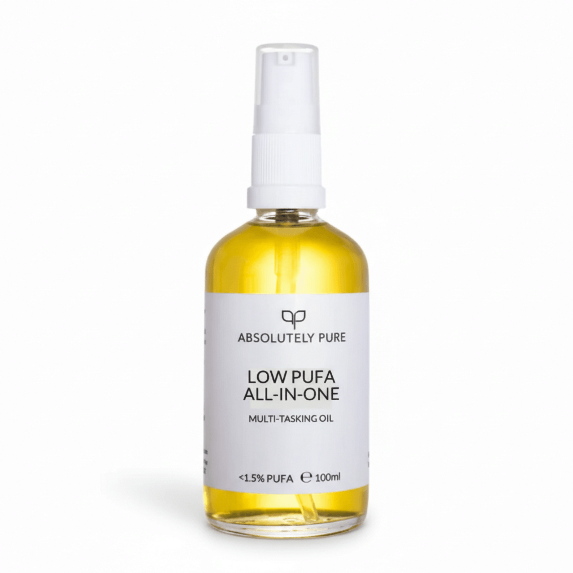 Bottle of Absolutely Pure Low PUFA All-In-One multi-tasking oil on a white background