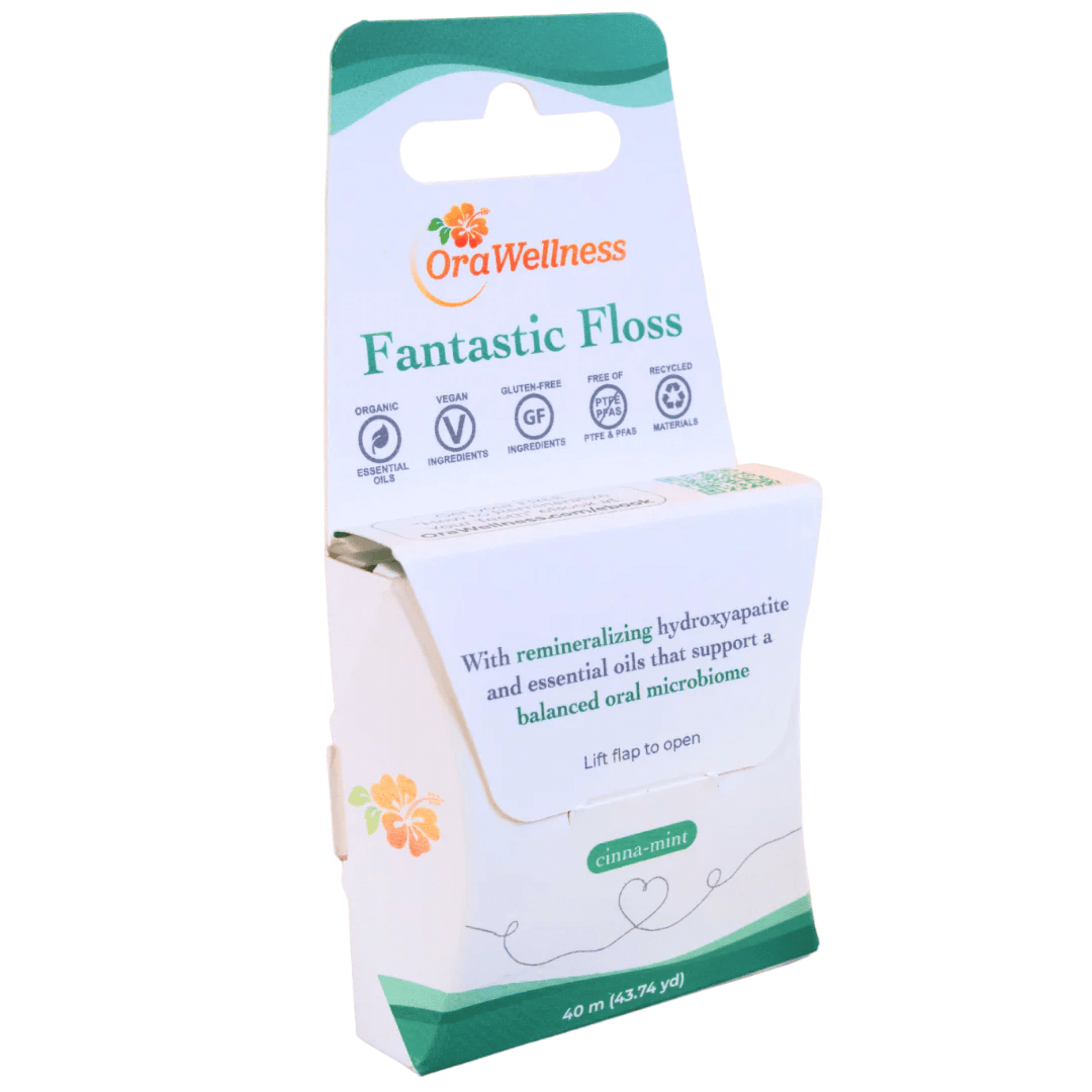 OraWellness Fantastic Floss dispenser in compostable packaging, highlighting the recycled plastic filament