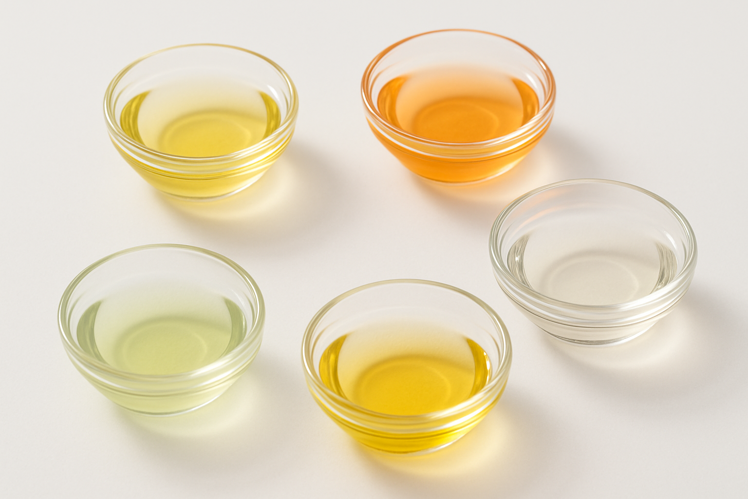 5 small glass bowls containing skincare oils, one pale yellow, one pale orange, one palest green, one almost clear and one yellow