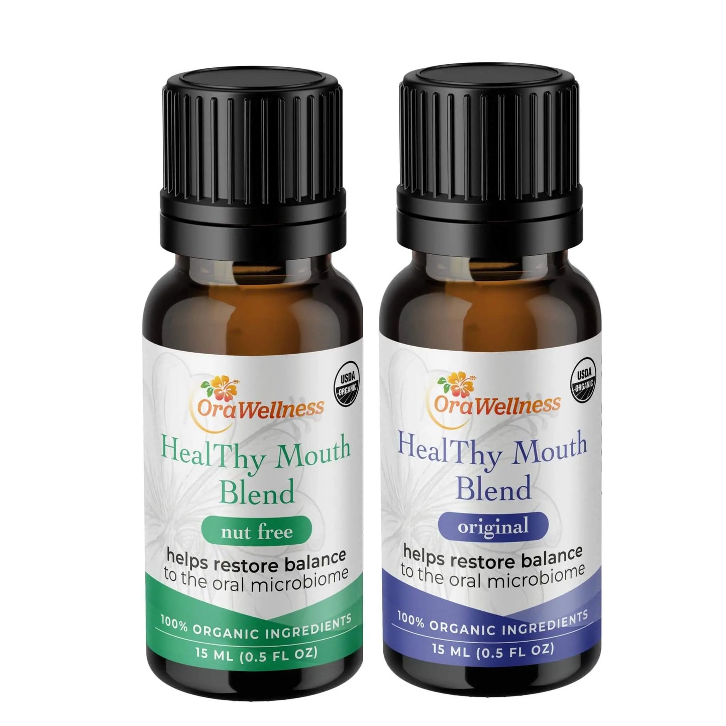 Two bottles of OraWellness Heal Thy Mouth Blend on a white background