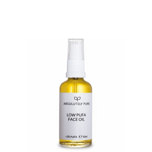 Absolutely Pure Low PUFA Face Oil in a 50ml glass bottle with white pump.