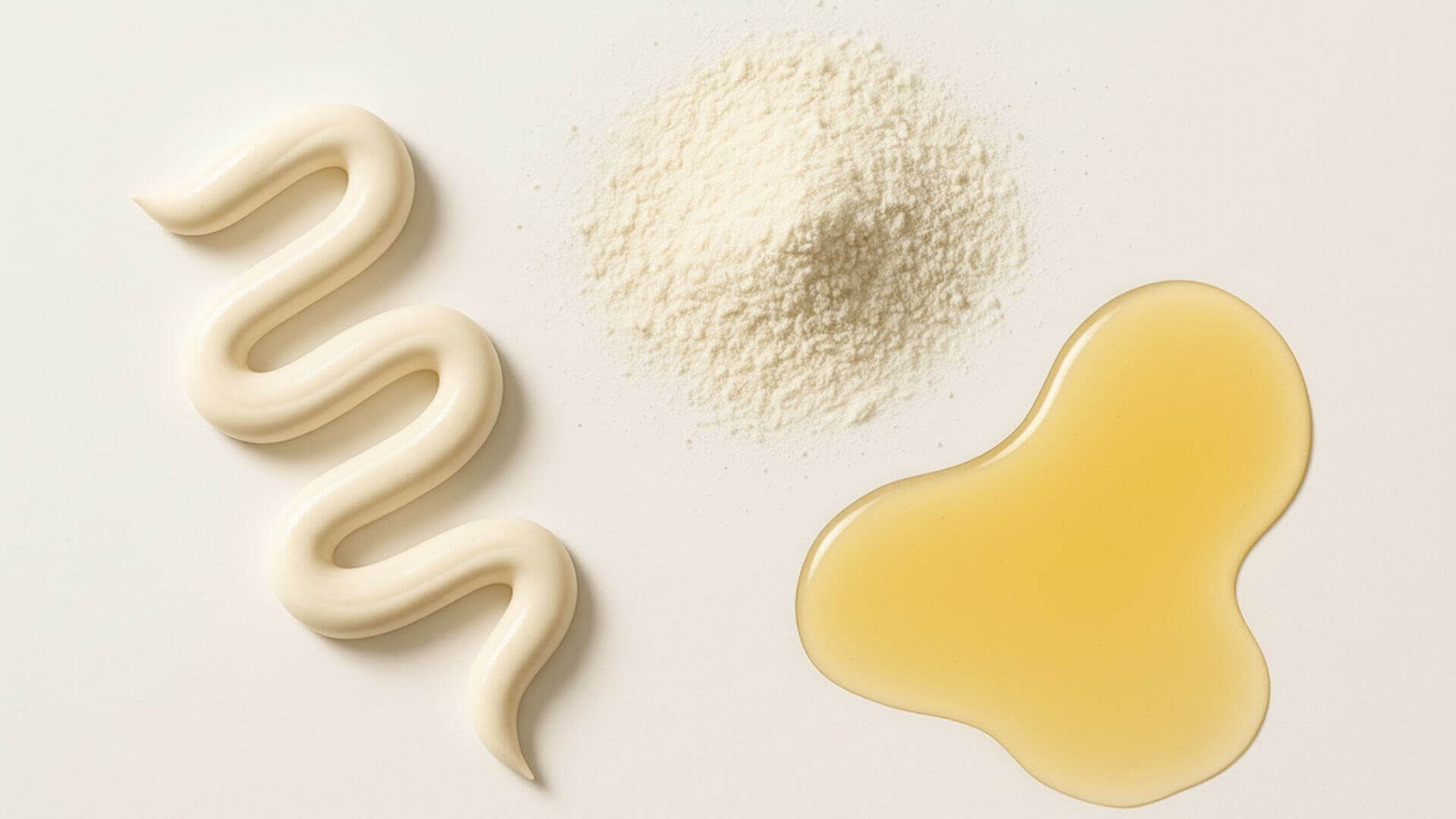 A line of toothpaste, a pile of toothpowder with a pool of tooth oil