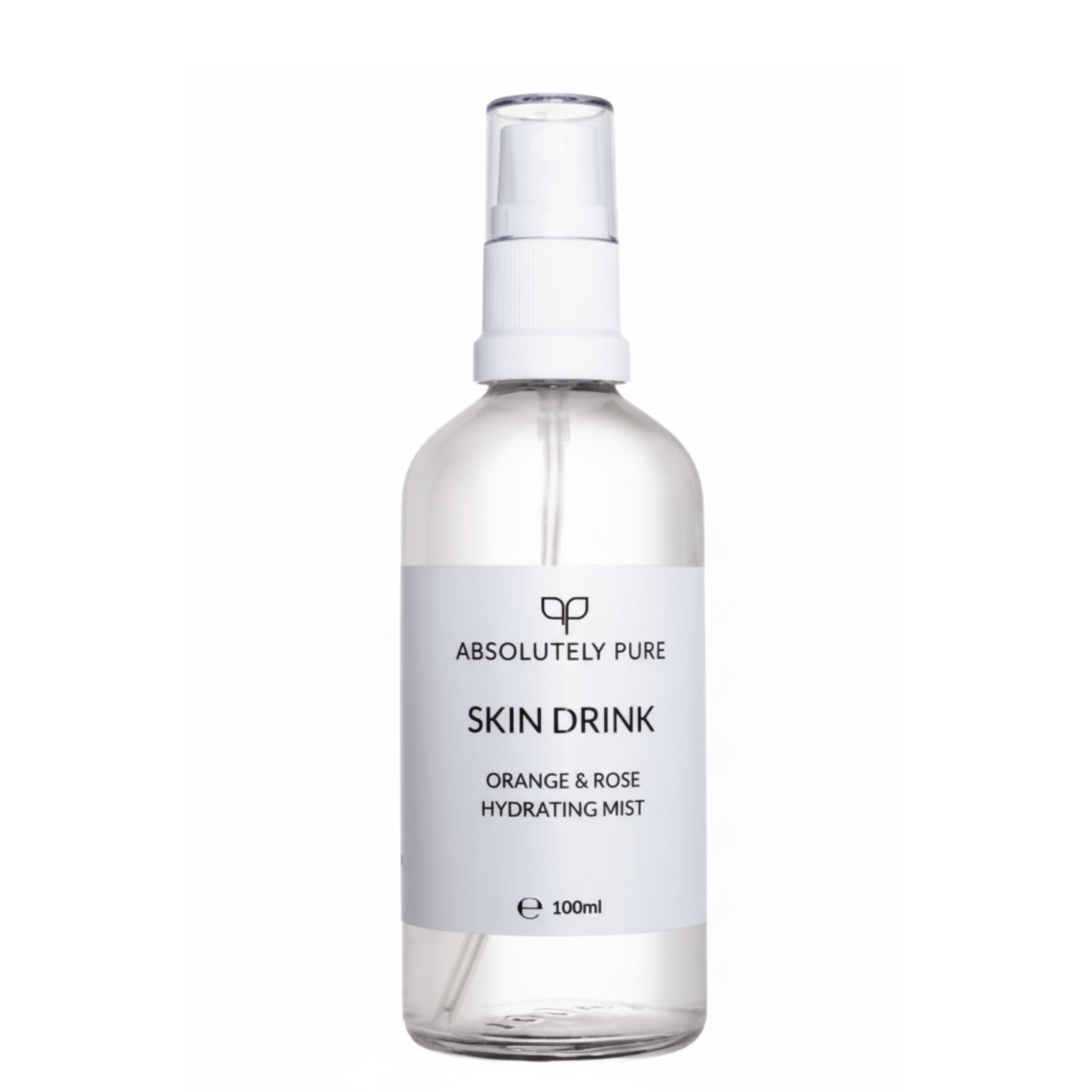 Absolutely Pure brand Skin Drink Orange & Rose Hydrating Mist in a clear 100ml bottle with white atomiser and label.