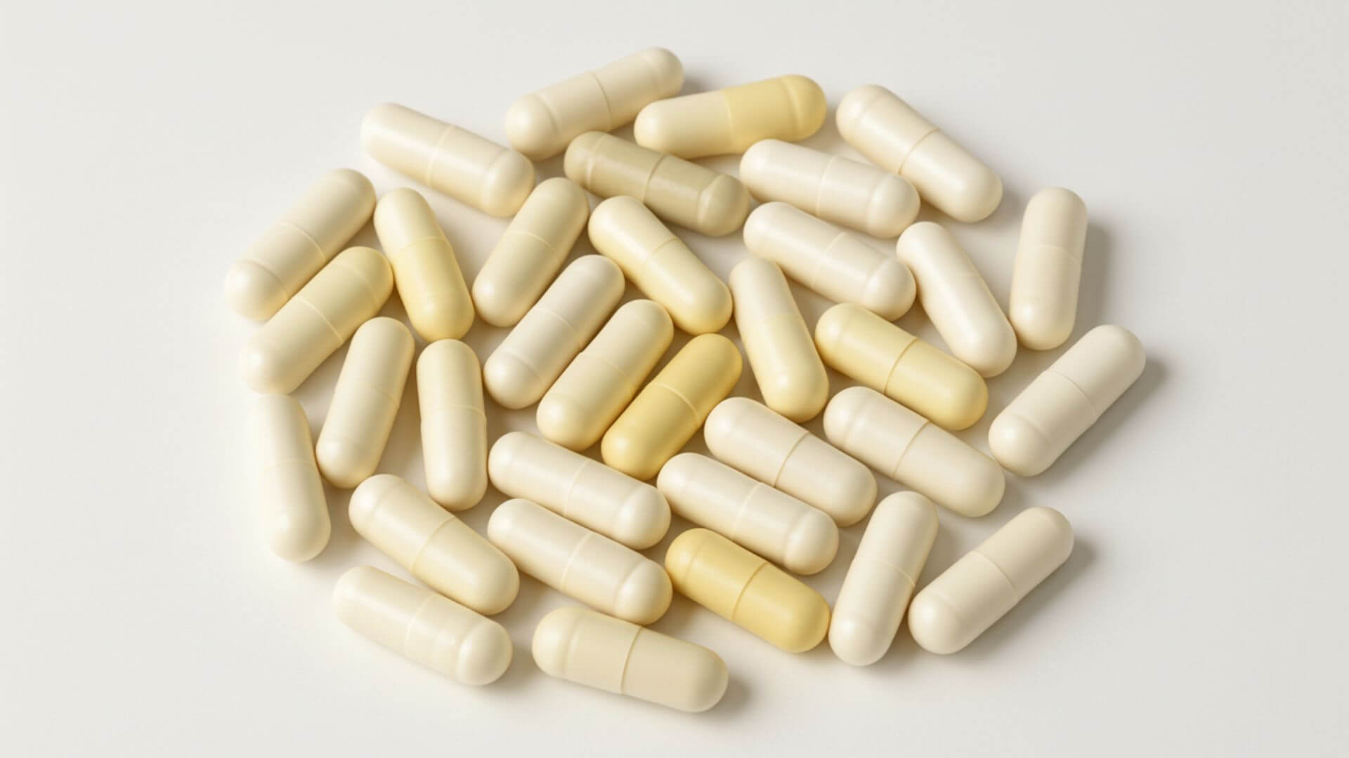 White and yellow capsules on a light gray background